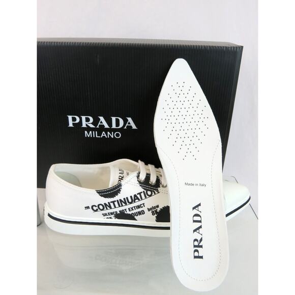 PRADA 1E617M WHITE BLACK POLKA CANVAS LOGO POINTY CAP LOW TOP SNEAKERS 38.5 - Picture 10 of 15
